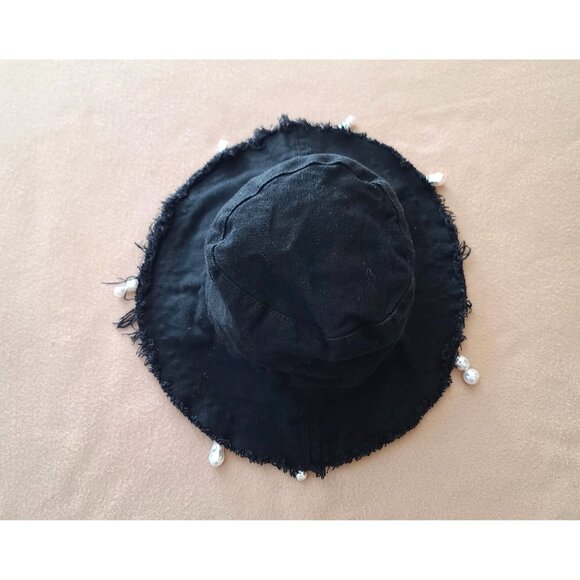 Serefina Frayed Bucket Hat Pearl Embellished Black Cotton Boho NWOT - Picture 5 of 10